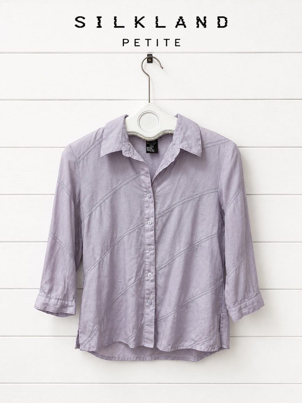 SILKLAND Petite Lilac Button Front Blouse Size L Petite. linen